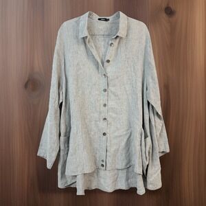 Ralston Linen Button Front Womens L Gray 100% Linen Lagenlook Minimalist